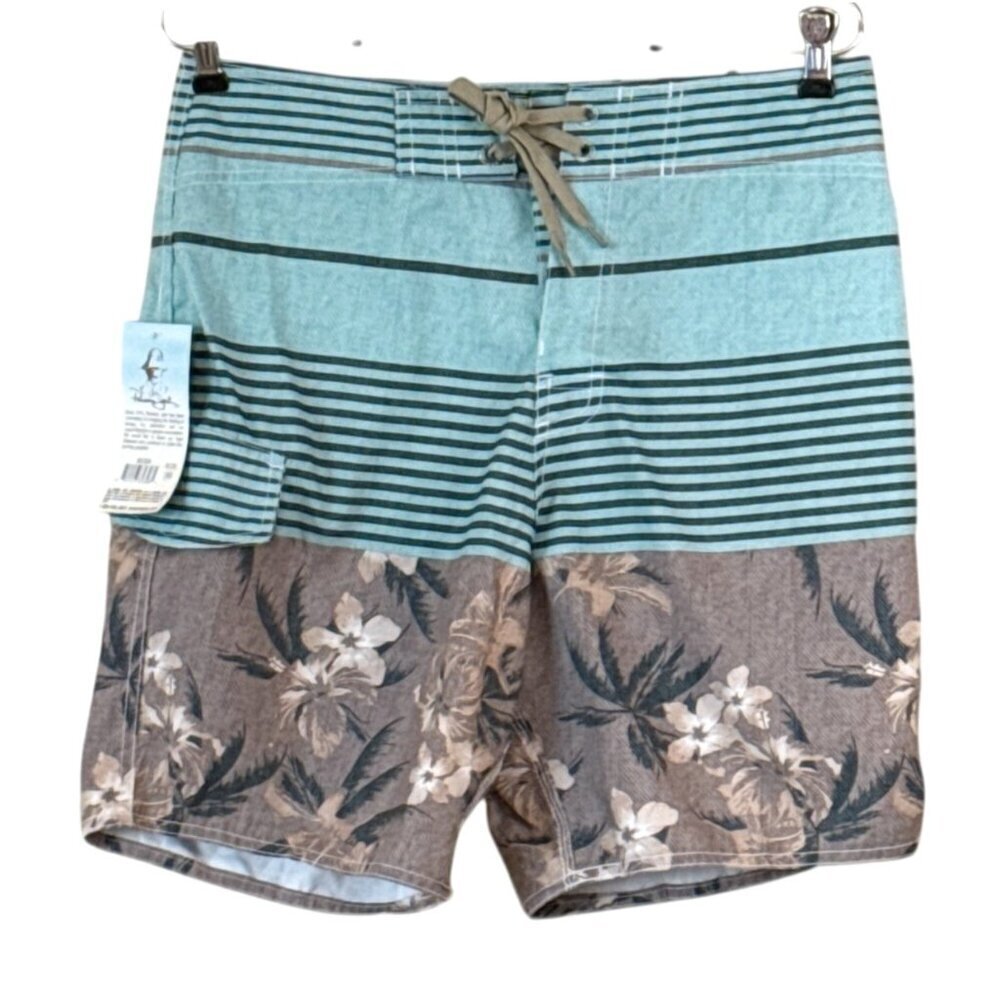 Panama Jack Men's Striped and Floral Board Shorts Tan Blue Beach Size 30 NWT